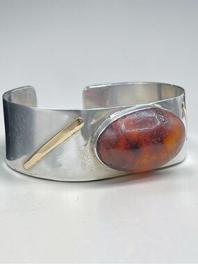 🌺Artisan Sterling & Amber Cuff Bracelet